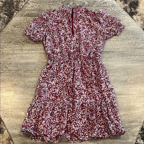 Crystal Doll Small Maroon Short Slewve Floral Mock Neck Dress - Picture 4 of 14